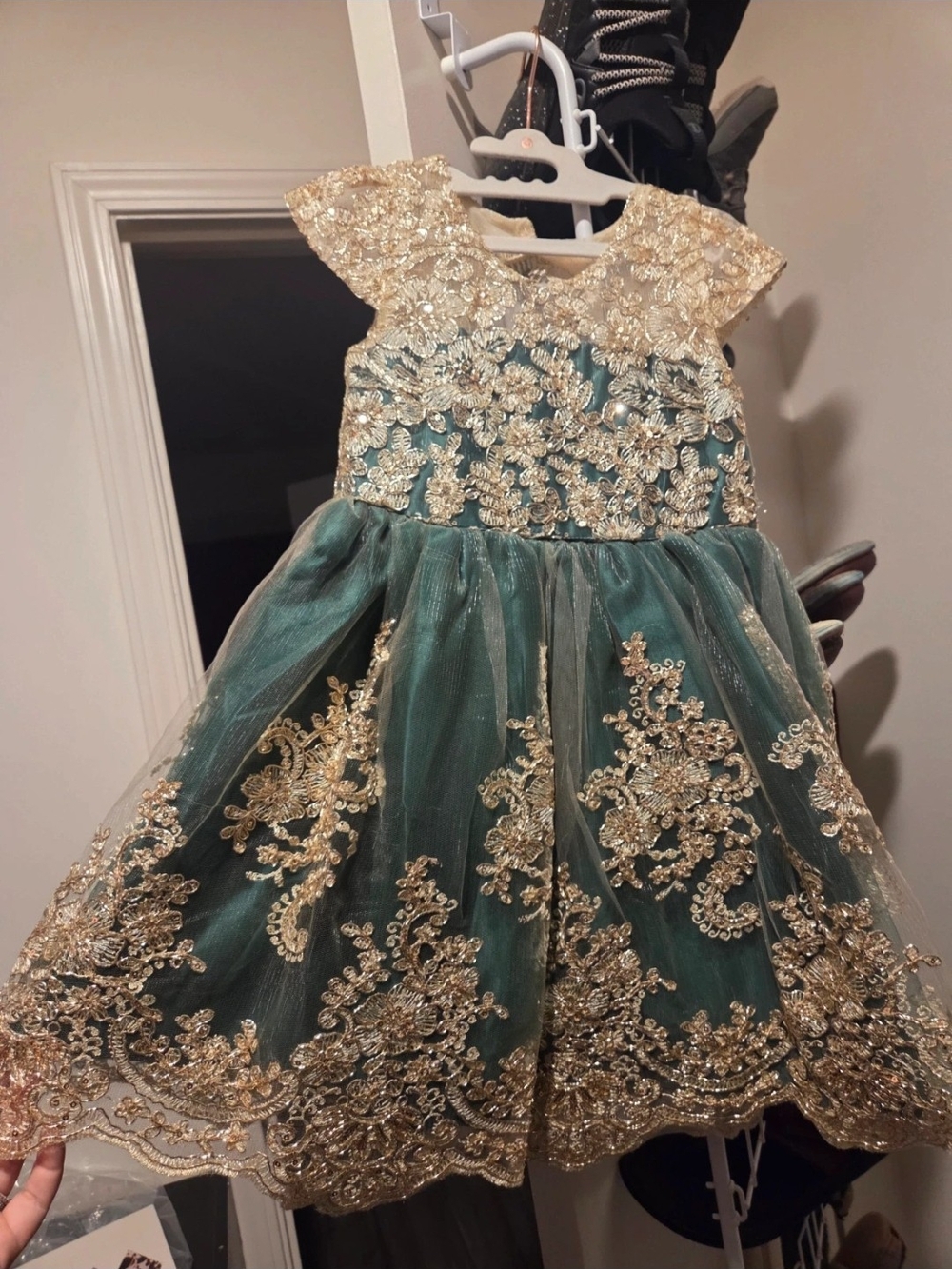 Girls Emerald Green & Gold Embroidered Formal Dress Size 4T